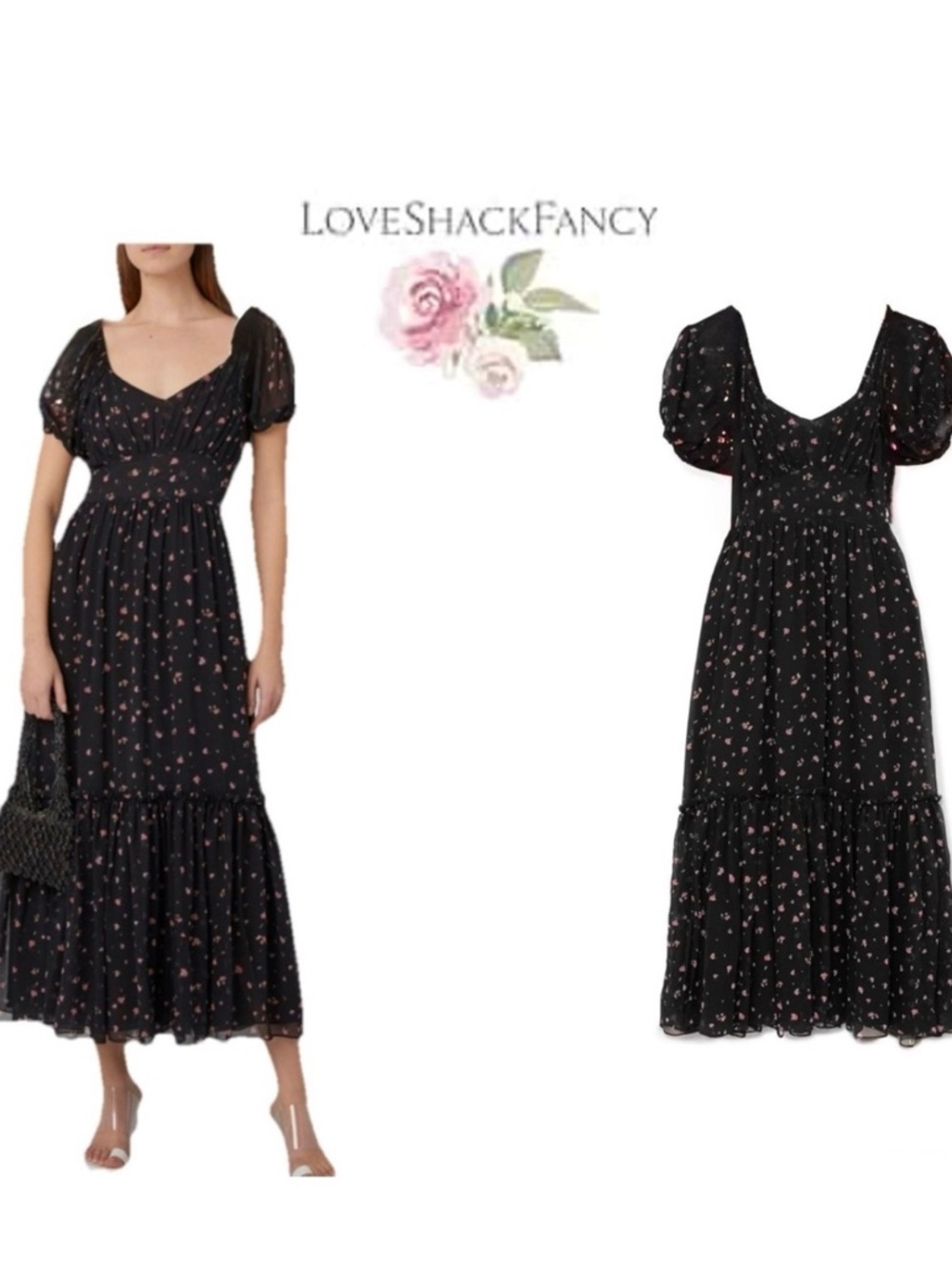 🌷LoveShackFancy Angie Silk Sz 4 Floral Dress in Black Pink Ditsy